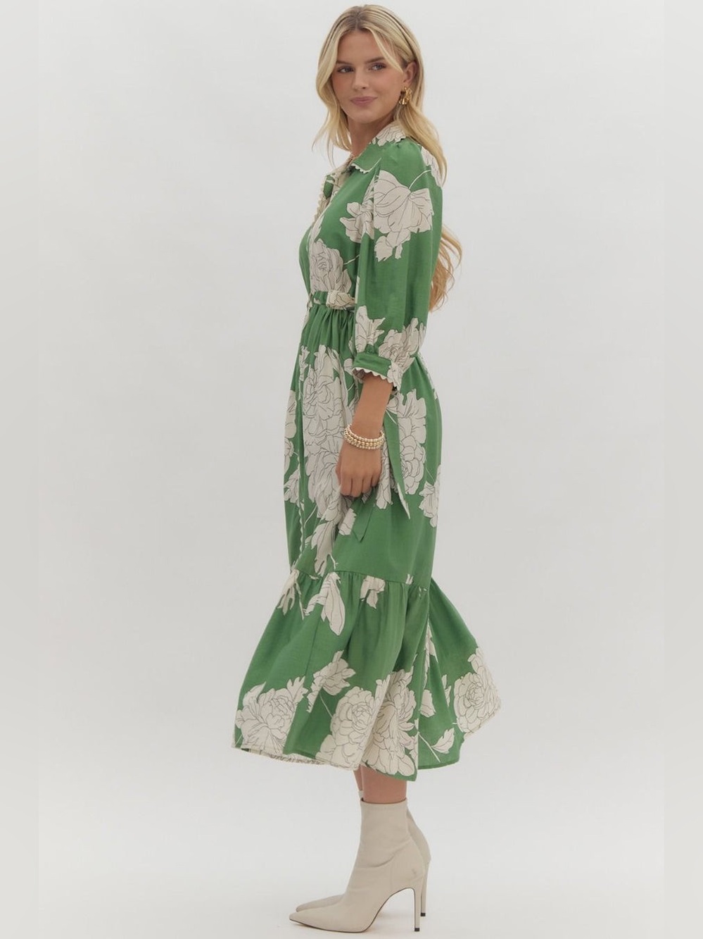 Entro Green White Floral Peony Gardenia Print Midi Dress Ric Rack Trim, S. NWOT - Picture 9 of 15